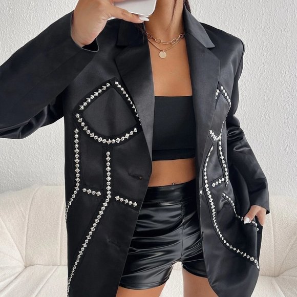 Trendy Contemporary Studded Detail Dual Pocket Satin Blazer Black - Picture 5 of 5